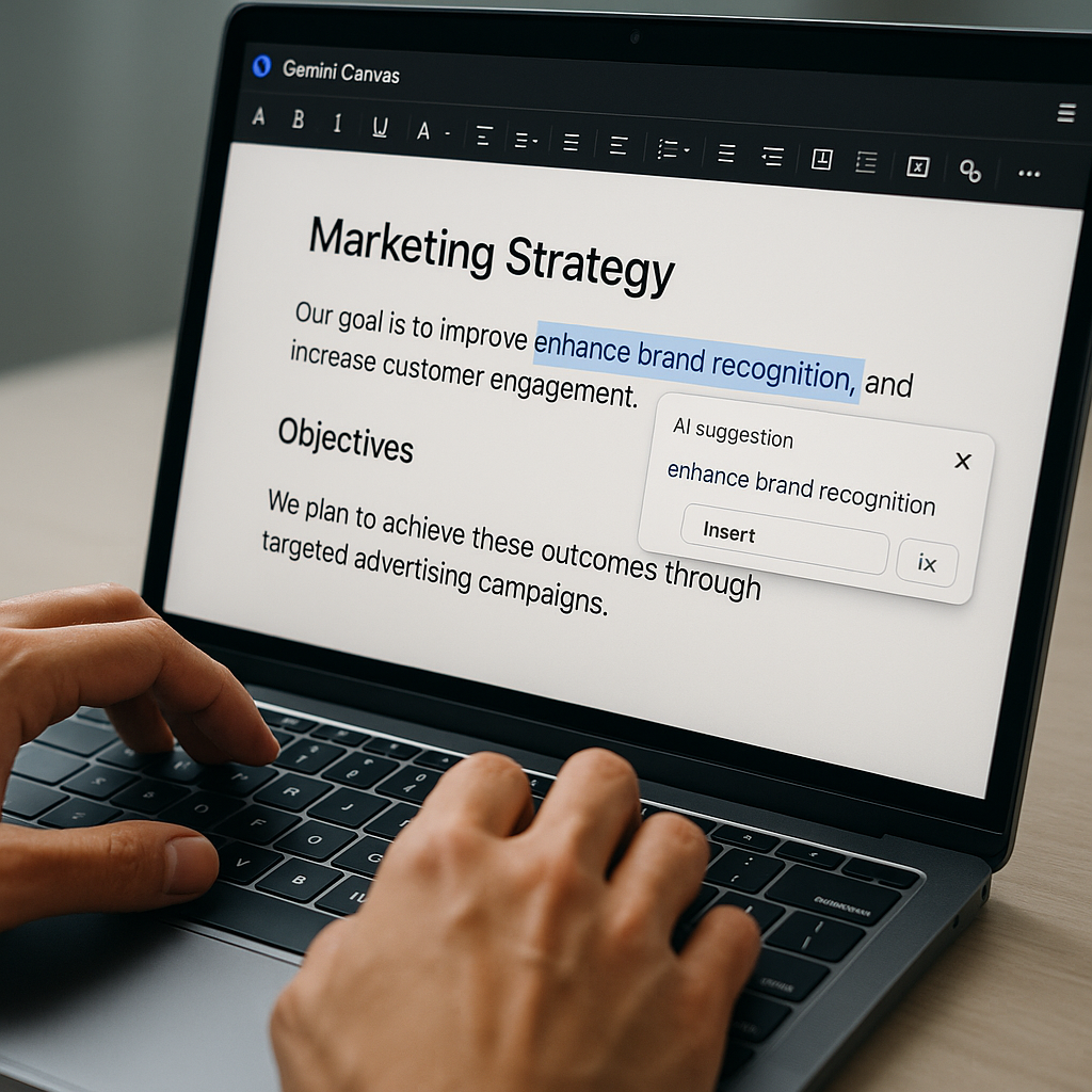 Close-up hands typing on laptop with Gemini Canvas interface showing real-time document editing and AI suggestions for marketing content