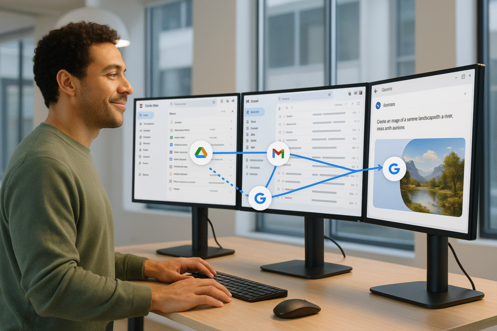 Mixed race creative professional at standing desk with multiple monitors showing Google Drive Gmail and Gemini interface with satisfied expression as AI generates content