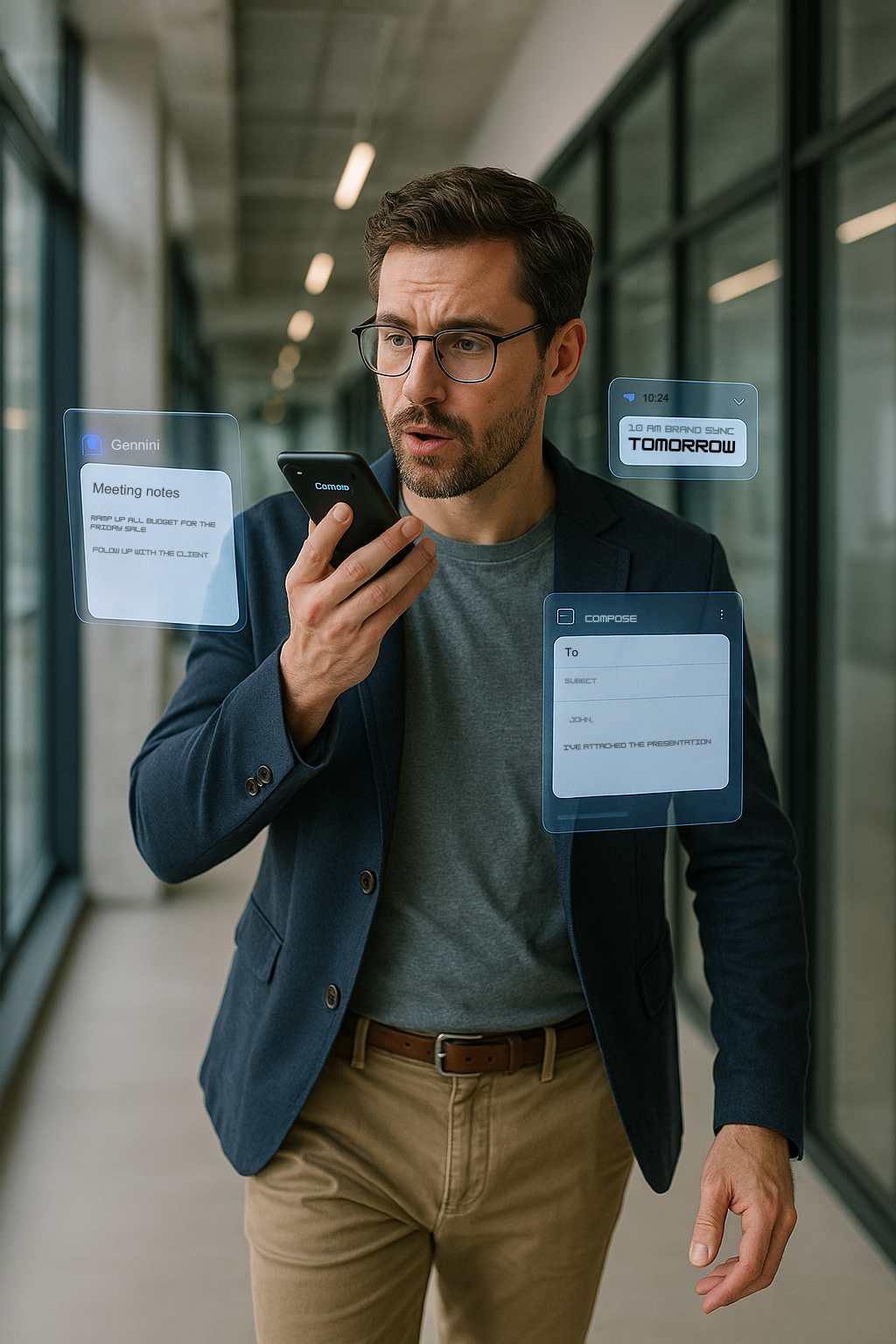 Business man using voice commands on smartphone while walking through office corridor with AI transcribing meeting notes and holographic calendar elements